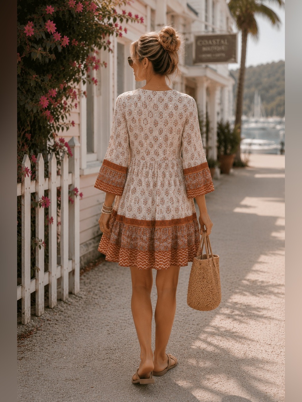 Boho Cream , Rust Printed Tiered Mini Dress Beachy Flowy , hippie summer Beach - Picture 3 of 12